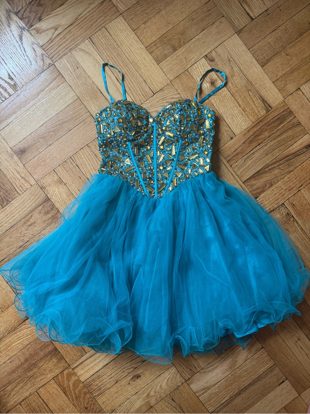 Dave & Johnny Teal Tulle Mini Dress with Gold Beaded Bodice